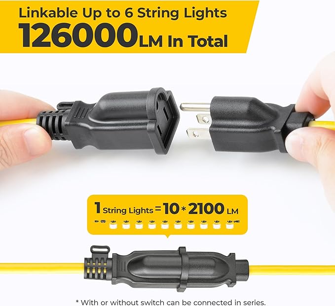 100FT 3 Prong 150W Construction String Lights with Switch, 10-Head LED Work Light, ETL Certified, 18/3 SJTW Cord, IP65 Waterproof, Linkable up to 6 Sets, for Jobsite, Attic, Garage