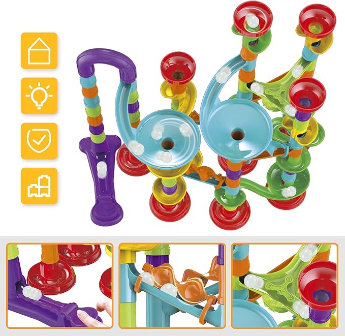 Marble Run Building Blocks STEM Toy Track Race Maze 30 Glass Marbles for Kids Boys Girls 3 4 5 6 7 8 9 10 11 12 Year Old Birthday Present Preshool Gift