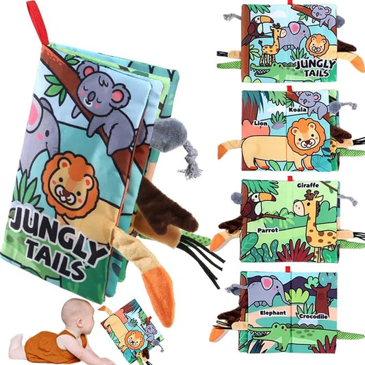 Soft Baby Books, Tummy Time Cloth Travel Toys 0-6 Months Touch Feel Sensory Book Jungle Tails for Babies Girl 3-6 6 to 12 Month Old 0-3-4-5-6-7-8-9 Newborn Infant Boy Must Haves Birthday Gift