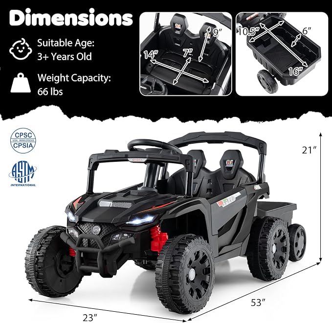 Costzon Kids Ride On UTV Car with Detachable Trailer, 12V Battery Powered Electric Vehicle with Remote Control, 3 Speeds, LED Lights, Music, Horn, Off-Road UTV for Boys & Girls (with Trailer,Black)