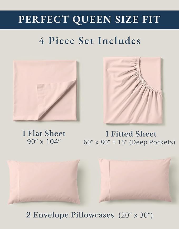 LANE LINEN Queen Size Sheet Set 100% Organic Cotton Percale - Sepia Rose | Queen Sheets In 100% Organic Cotton Percale - Cool All Summer, Cozy All Winter, Crisp Hotel-Style Feel, Great For Gifting
