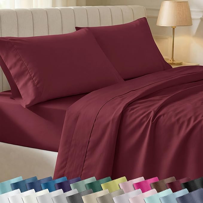 California Design Den Soft 100% Cotton Queen Size Bed Sheets Set, 400 Thread Count Good Housekeeping Award Winner, Silky Smooth Sateen with Deep Pockets, Durable Queen Bed Sheet Set - Burgundy Red