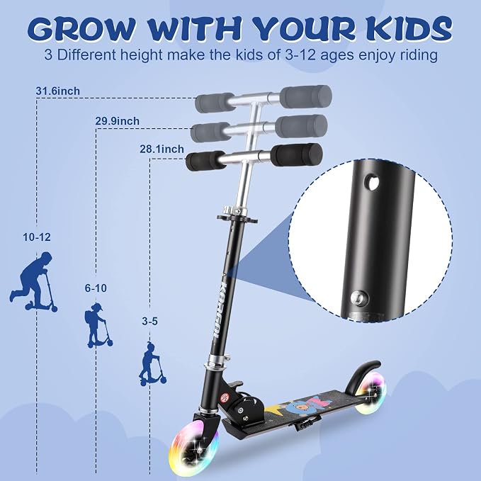 Scooter for Kids Ages 3-12 - Kids Kick Scooters with Led Light Up Wheels & 3 Levels Adjustable Handlebar, Lightweight Foldable 2 Wheel Girly Pink Scooter, Christmas Birthday Gifts for Girls Boys.