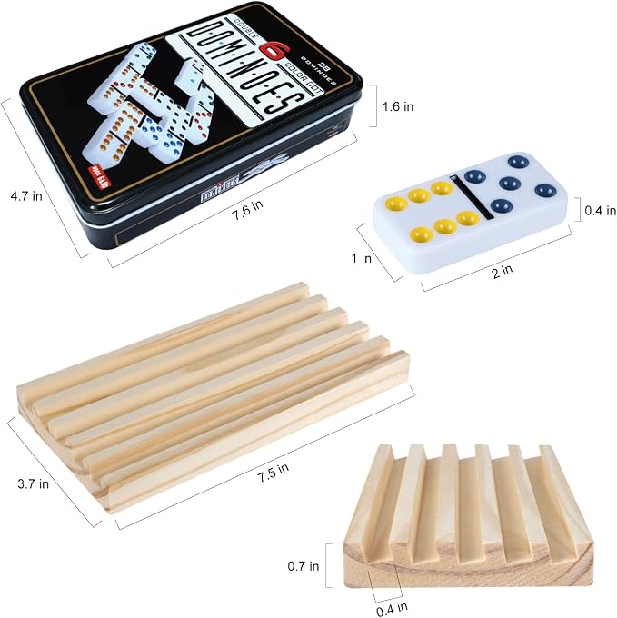 GOTHINK Dominos Set for Adults with 4 Wooden Trays/Racks, Double 6 Dominoes Set with Holders, 28 Tile Colored Dot Dominos Games Set with Case Mexican Train Accessories Board Games for Family