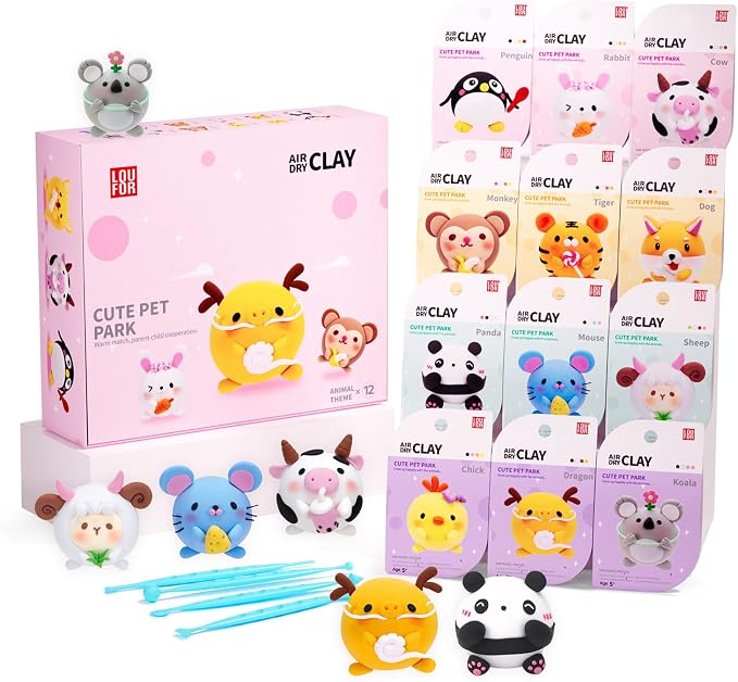 LOUFOR Air Dry Clay Kits - Modeling Clay for Kids, Ultra Light & Soft, Safe & Non-Toxic, 12 Boxes DIY Model Magic Clay with Sculpting Tools & Tutorials, Creatible Art Crafts Toys Gifts Boys Girls