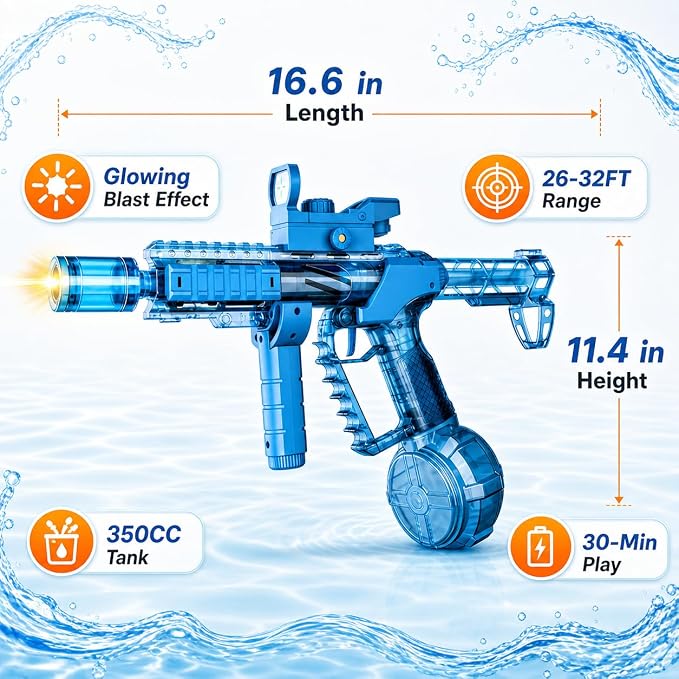 Electric Water Gun, Squirt Blaster Automatic Toy for Kids & Adults, 500cc Large Capacity, 26-32ft Long Range, Rechargeable Battery, Auto-Sync LED Lights, Summer Outdoor Toy for Pool, Beach & Backyard