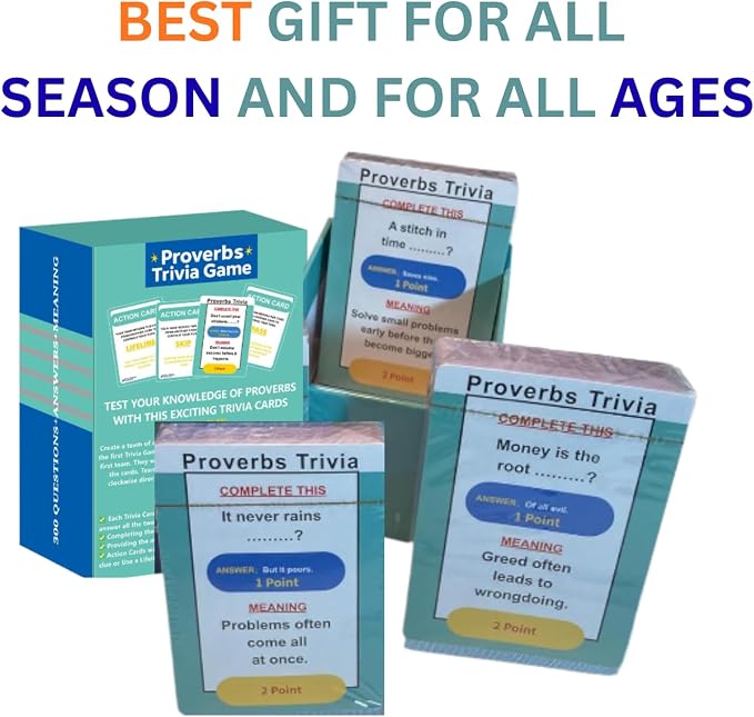 Proverbs Trivia Games, Questions with Answers & Meanings | Fun Family Party Board Games, Team Game Night, Educational Trivia Card Game, Improves Wisdom