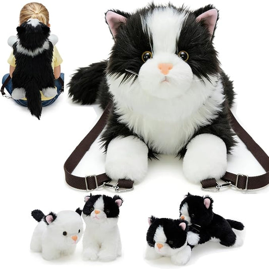 Tezituor 20 inch Cat Stuffed Animals Bag with Babies, Large Realistic Stuffed Cat with 4 Cute Kitten Babies, Soft Ragdoll Plush Shaped Backpack, Mom and Baby Kitten Plushies Pillow for Kids