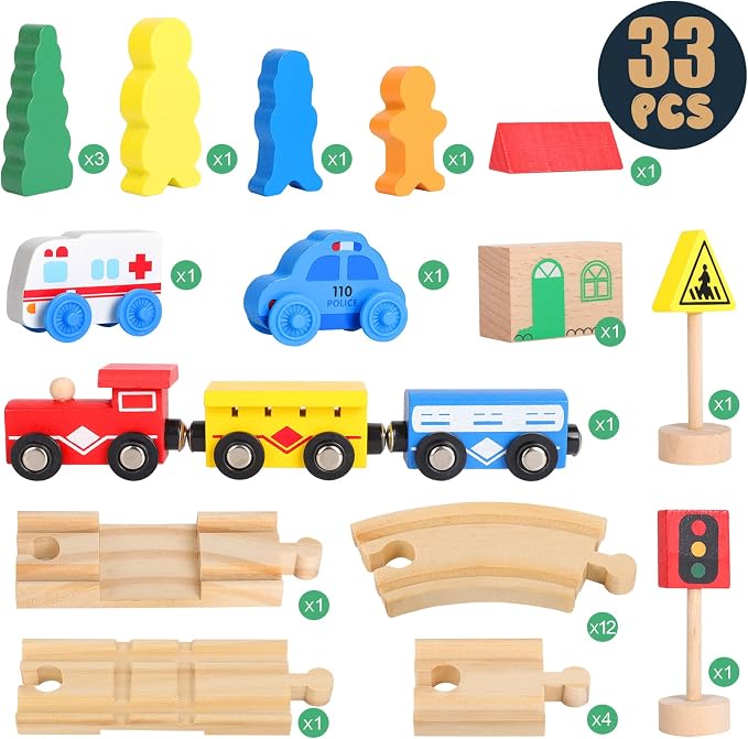 Wooden Train Tracks Toys for Toddler, 33 Pieces Magnetic Train with Wooden Tracks Fits for Thomas, Brio, Chuggington, Melissa and Doug, Rail Set Toy Gifts for 3 4 5 Years Old Girls & Boys