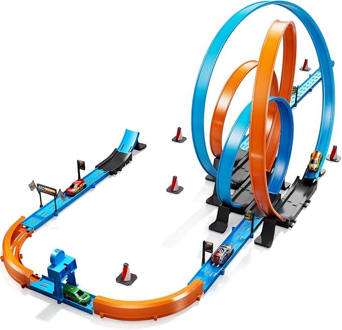 LILYBUDS Toy Car Race Track Set for Boys Kids Age 3-5 4-7, Race Tracks with 4 High-Speed Pull Back Race Cars and Crash Zones, Christmas Halloween Birthdays Gifts Toys for Boys Kids 4-6 8-12 Years Old