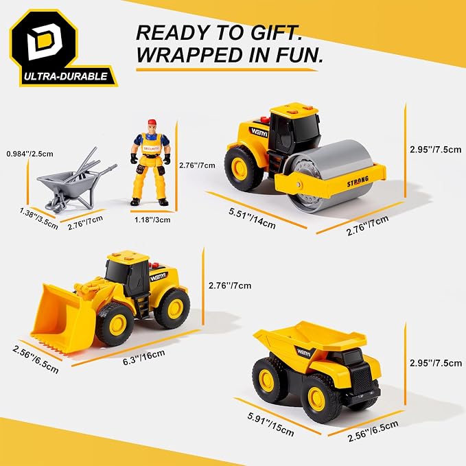 5 PCS Construction Vehicles Toy Set for Kids - Friction Powered Bulldozer, Dump Truck & Road Roller with Lights & Sounds, Sandbox Beach Sand Toys for Toddlers Boys Girls Ages 3-5 4-8, Birthday Gift