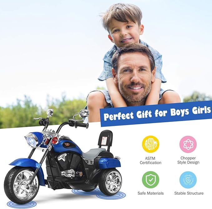Costzon Kids Motorcycle, 6V Battery Powered Ride on Chopper Motorcycle w/Horn, Headlight, 3-Wheel Stable Ride on Toys, Electric Toddler Motorcycle for Kids, Gift for Boys Girls (Blue)