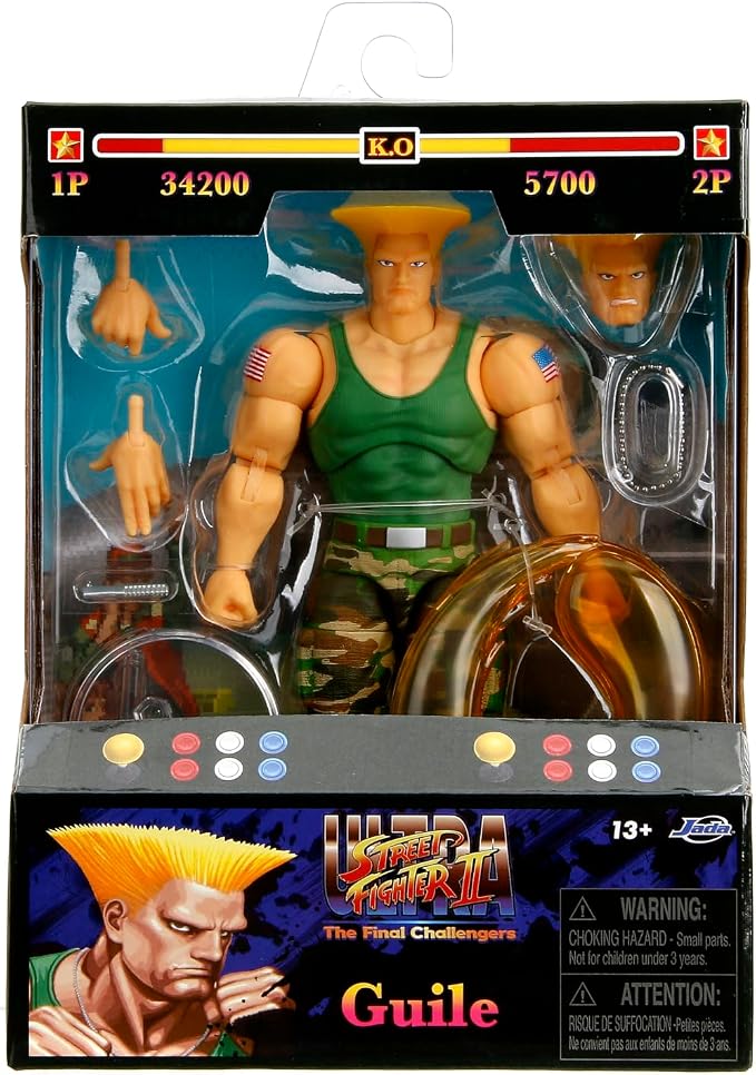 Jada Toys Street Fighter II Guile Action Figure 1:12 Scale, 6" Tall, Interchangeable Heads, Hands & Accessories