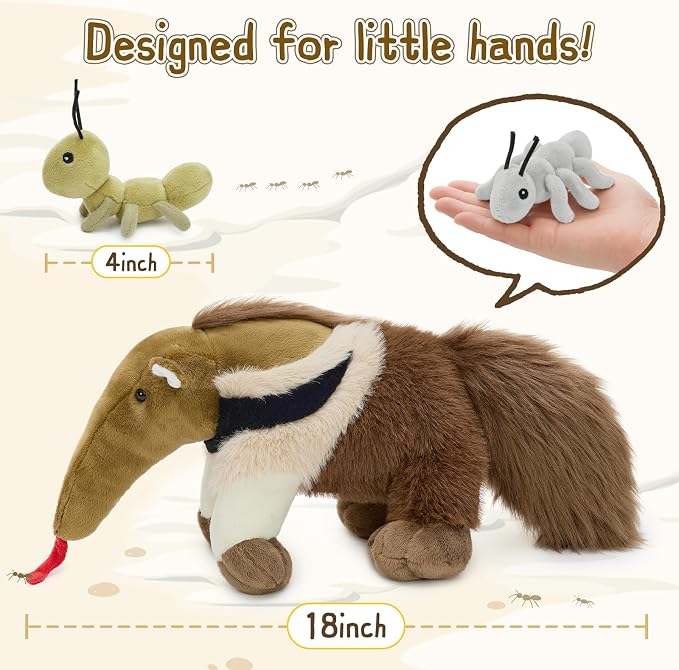 Muiteiur Magnetic Anteater Plush Toy for Toddlers - Interactive Stuffed Animal Feeding Game with 3 Ants, 17.7 Inch Wildlife Adventure Toy, Birthday Gift for 3+ Year Old Kids Bedroom Decor
