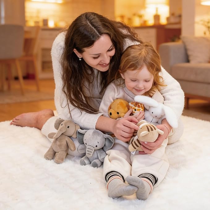 6 Pcs Stuffed Animals Bulk, 8 Inch Small Stuffed Safari Animals, Zoo Stuffed Animals Set (Cat Dog Elephants Giraffe Bunny) Baby Shower Party Decor, Easter Gift for Classroom Kids, Teens, Girls