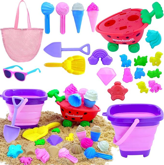 Collapsible Beach Toys Set for Kids 3-5|22 PCS Ice Cream Sand Toys with Collapsible Beach Bucket|Unicorn Sand Mold|Strawberry Ice Cream Cart|Mesh Bag|Sand Sandbox|Trave Beach Toys for Toddlers Girls