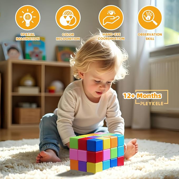 Large Magnetic Building Blocks, 8 Colors 1.65 Inch Magnetic Blocks for Toddlers 1-3, Magnet Cubes Sensory Stacking Learning Toys, Birthday Gifts for Boys and Girls, 16PCS