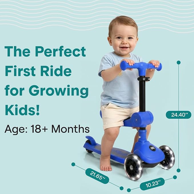 SereneLife 3 Wheel Scooter for Toddlers & Kids, Foldable Seat, LED Wheels, Adjustable Handlebar, Anti-Slip Deck, Rear Foot Brake, Lean-to-Steer, Kid Scooter Ages 18M–7Y, Supports up to 110 lbs., Blue