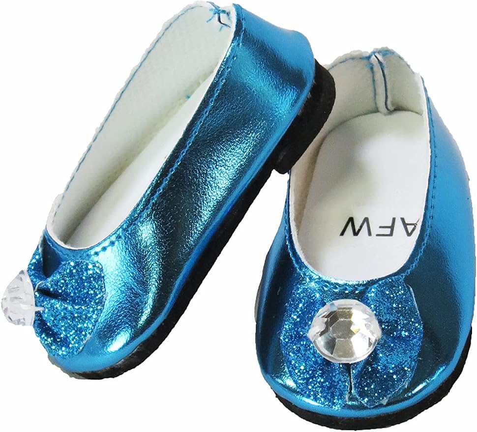 American Fashion World Pink, Blue, and Silver Glitter Bow Flats for 18-Inch Dolls | 3 Piece Set | Premium Quality & Trendy Design | Dolls Shoes | Shoe Fashion for Dolls for Popular Brands