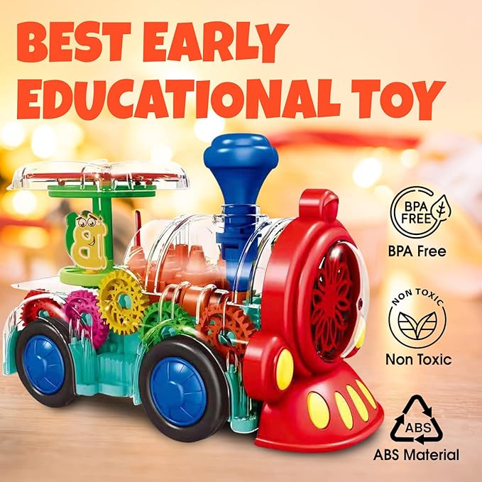 Transparent Sensory Train Toy -Interactive Light up Toys for Kids- Musical Train Toys with LED Light for Toddlers- Colorful Moving Gears- Tummy Time Crawling Baby Toy