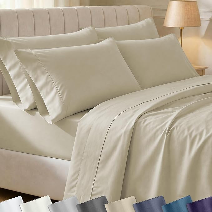 California Design Den 6 Piece King Size Sheets Set with 4 Pillowcases - Soft 400 Thread Count Sateen, 100% Cotton Sheets King Size with Deep Pockets, Durable Bedding Set - Beige