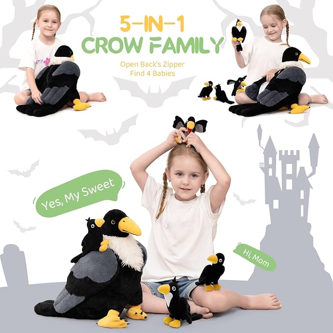 MorisMos Crow Raven Stuffed Animals, 26'' Mommy Raven Plush with 4 Baby Crow Plush Toys for Kid Girl Boy Bird Lover Christmas Birthday Gift, Realistic Black Bird Decor for Halloween Easter Baby Shower