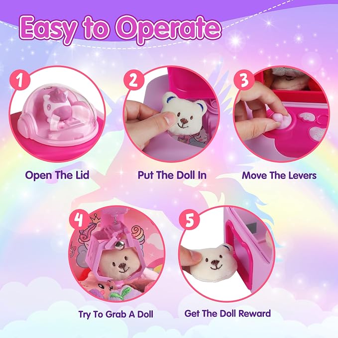 TingingYuli Mini Claw Machine for Kids - Unicorn Candy Grabber Vending Machine Toy with 20 Plush Prizes, Arcade Prize Dispenser Game, Girl Toys Age 3-8, Christmas Birthday Easter Gift