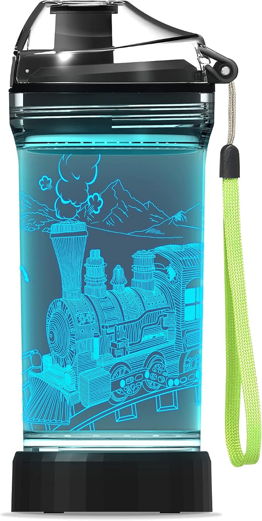 Lightzz Kids Train Water Bottle with 3D Glowing LED Light, Ideal Travel Cup Train Gifts for Back to School Girls Boys Child Holiday Camping Picnic, Light Up Glowing Bottle 14 Oz Tritan BPA Free