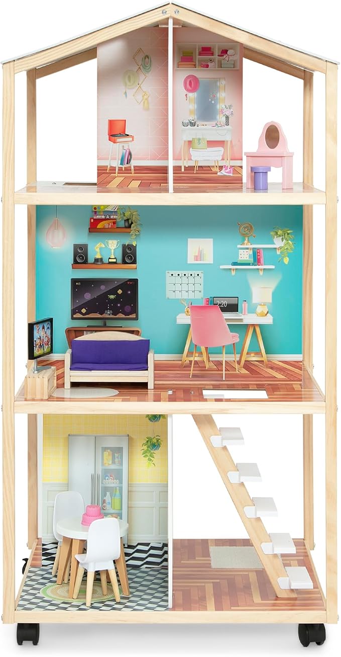Delta Children Moveable Mansion Dollhouse - 360-Degree Play Dollhouse with Wheeled Base - Includes 16 Accessories - Fits 12-inch Dolls - Pretend Play Dream Gift for Ages 3+