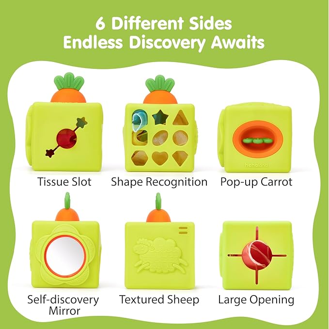 hahaland Silicone Baby Tissue Box Toy - Baby Toys 6-12 Months Montessori Toys for 6 Month Old Babies, 6-in-1 Soft Busy Activity Cube with Scarves, Crinkle, Textures, Mirror, Sensory Popper 9 Month Old