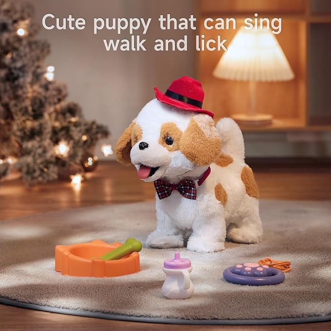 OR OR TU Walking Barking Toy Dog with Remote Control Leash, Plush Puppy Electronic Interactive Toys for Kids, Wag Tail, Singing, Pretend Dress Up Realistic Stuffed Dog Age 3 4 5 6 Years Old Best Gift