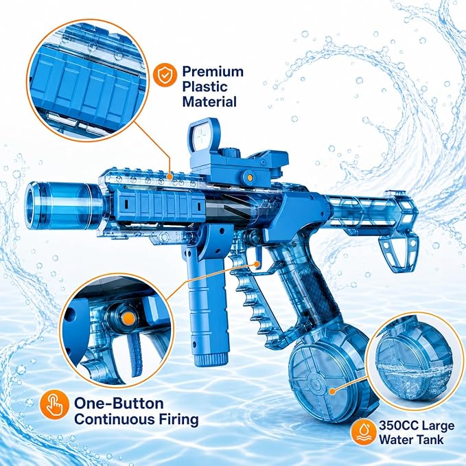 Electric Water Gun, Squirt Blaster Automatic Toy for Kids & Adults, 500cc Large Capacity, 26-32ft Long Range, Rechargeable Battery, Auto-Sync LED Lights, Summer Outdoor Toy for Pool, Beach & Backyard