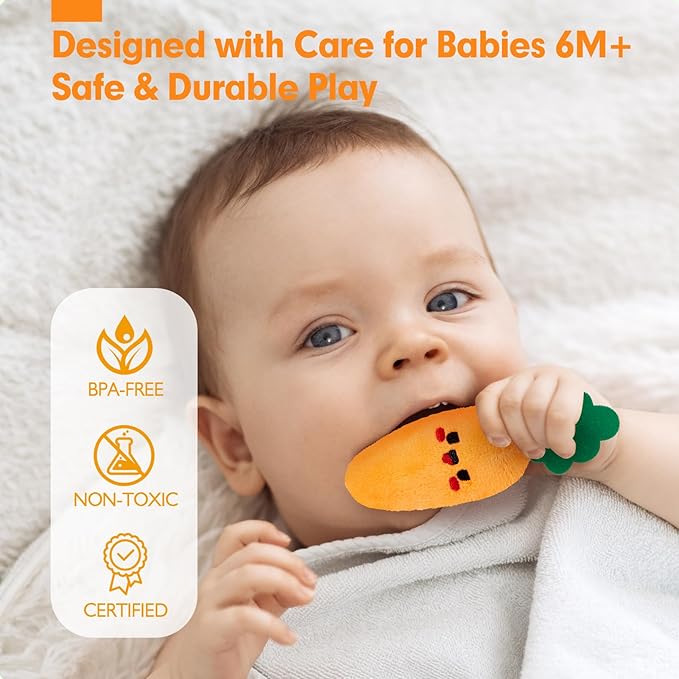 hahaland Baby Toys 6-12 Months - Fruits Vegetables Garden Plant Farm Plush | 6 Month Old Montessori Sensory Toys Carrot Flower with Rattles Mirror Squeaker Crinkle Tissues, 9 Month Old Gifts for Babies