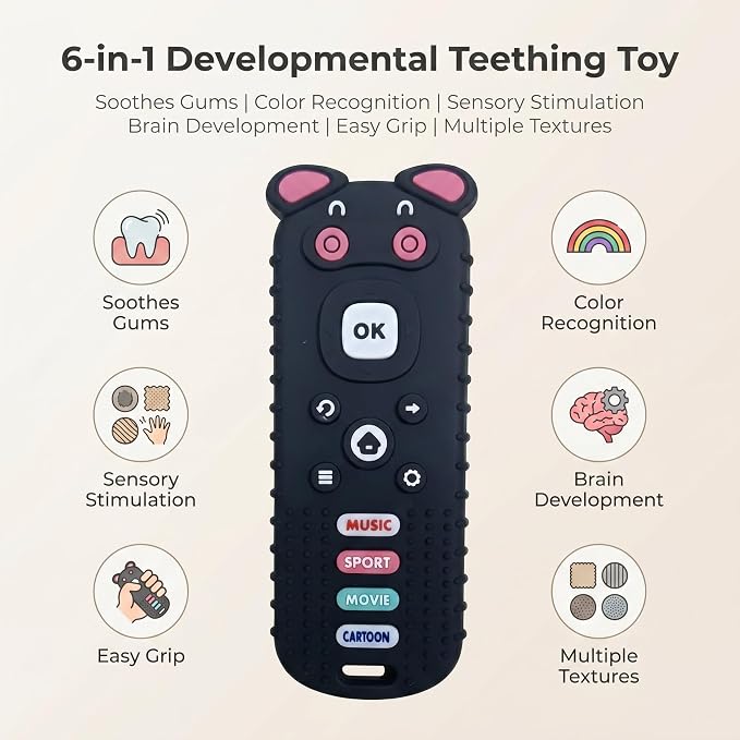SOLIFEGOBLE Remote Control Teether for Babies 3-18 Months, Cute Pig-Shaped Silicone TV Remote Teething Toy, BPA-Free Soft Chew Toy with Textured Buttons, Teething Relief for Infants Boys Girls (Black)