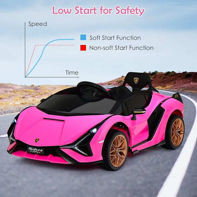 OLAKIDS Kids 12V Licensed Lamborghini SIAN Ride On Car, Electric Vehicle for Toddler with Control Remote, Battery Powered Toy with Music, Horn, 2 Speeds, Suspension, LED Lights, Bluetooth, USB (Pink)