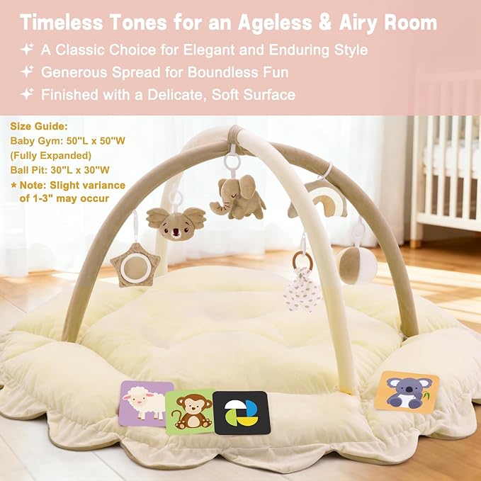 5-in-1 Baby Activity Gym & Play Mat with 6 Hanging Toys, Tummy Time Mat & Cards - Extra Large, Reversible Machine Washable Pad - Gift for Newborns, Infants 0-12 Months, Cream