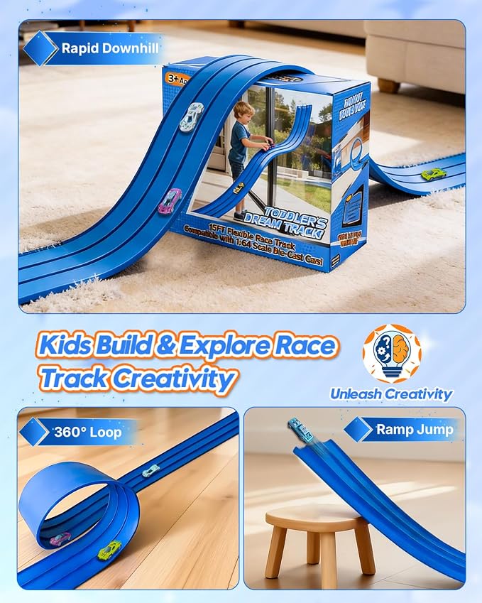 3-Lane Flex Track 15 Ft Flex Race Car Track with 6 Toy Cars,Portable DIY Racetrack Compatible Diecast 1/64th Cars for Ages 3 Up,Birthday Gifts for Boys (Dark Blue-2)