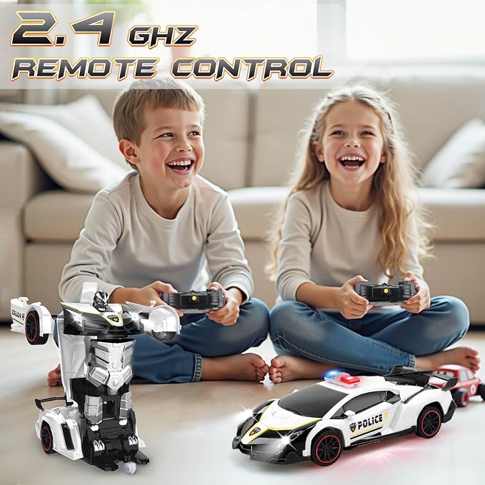 Remote Control Car Transformer Toys for Boy 4-6 Years Old: One-Button Transforming Police Car with LED Light & 360° Rotation Drifting 2.4 Ghz Robot RC Car Christmas Birthday Gift Idea for Kids
