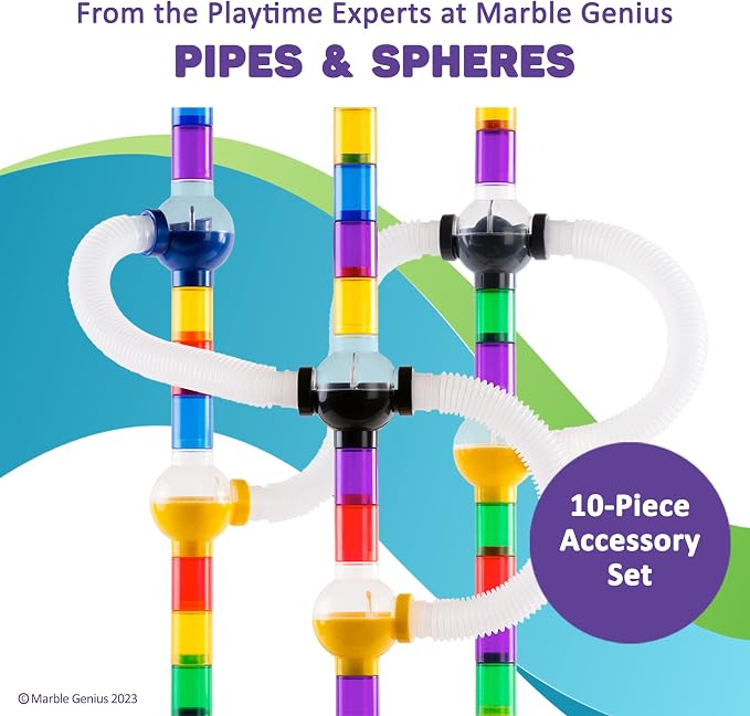 Marble Genius Marble Run Pipe & Sphere Accessory Add-on Set - 10 Pcs Total (4 Pipes, a Ramp, 5 Spheres), Alternating, Straight, & Tubes for Creating Exciting Mazes, Tracks, Runs, and Races