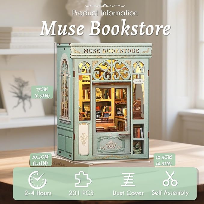 Fsolis Book Nook Kit - 3D Wooden Puzzles for Adults (Muse Bookstore) | DIY Miniature House Kit Bookshelf Decor Gifts for Women Puzzle Lovers
