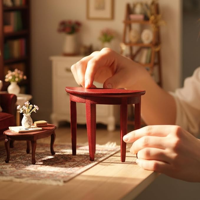 Miniature Half Moon Table Dollhouse Furniture 1/12 Scale for Living Room Bedroom Hallway, Entrance, Small Spaces, DIY Doll House Accessories (Red)