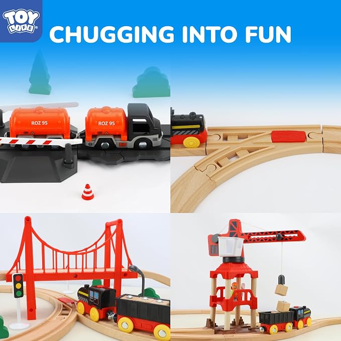 TOY Life Train Set 81pcs with Crane & Locomotive Train Toy, Wooden Train Tracks Toys for Toddlers Boys Girls 3 4 5, Wood Toys Gift Toddler Train for Kids 4-8 - Fits Thomas Brio Chuggington