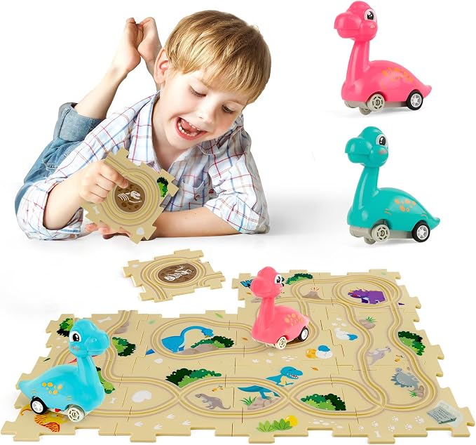 YOOYID Puzzle Racer Kids Car Track Set with 2 Dino Cars, Kids Toys Boys 3-5, Toys for 3 4 5 6 Year Old Boys, Toys for Ages 3-4, Car Tracks for Toddlers, Montessori Toys for 3+ Year Old
