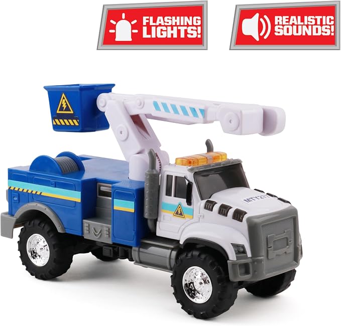 Mighty Fleet Rescue Force 12" Tough Cab Cherry Picker Toy Truck - Realistic Lights & Sounds, Movable Cherry Picker Arm, Free Wheeling Play, Ages 3+