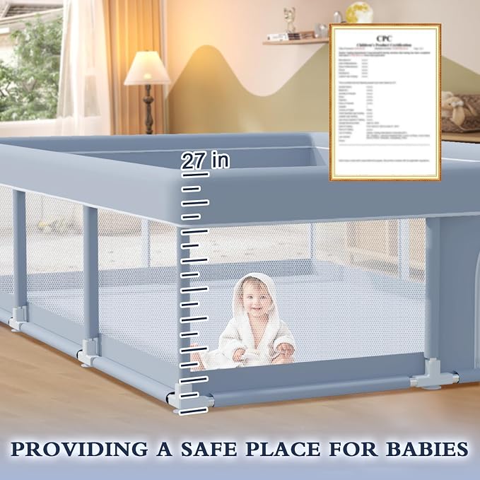 XVISHX 74 x 50 Inch Baby Playpen, Playpen for Babies and Toddlers, Baby Play Pen Playard for Indoor & Outdoor Active Center Game Fence, with Skin-Friendly Fabric and Soft Breathable Mesh, Grey