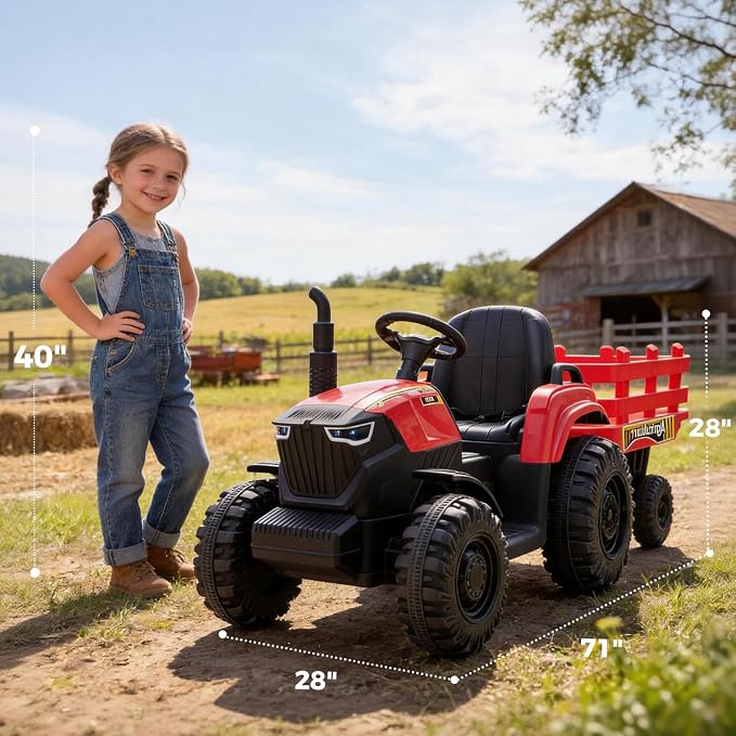 24V Kids Ride-On Tractor with Trailer, 400W Electric Farm Truck with Remote & Pedal Control, Headlights, USB MP3, Power Display, Adjustable Speeds, Safety Belt, Ride-On Toy Gift, Red