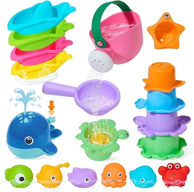 Baby Bath Toys for Kids Ages 1-3, 17PCS Mold-Free No Hole Bath Toys, Pool Water Table Toys, Toddler Bath Toy Set with Whale Sprayer, Boats & Stacking Cups, Easy Clean Bathtub Toys Girls Boys Gifts