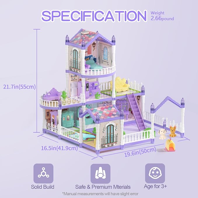 Lilac Purple Doll House for Girls, Dream Dollhouse 9 Rooms with 2 Dolls, Animals, Lights, Furniture and Accessories, Pretend-Play Toddler Playhouse Gift 3+ Year Old Girls Toys