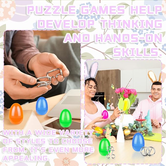 48 Pcs Prefilled Easter Eggs with Metal Brain Teaser Puzzles Iron Link Unlock Interlock Game for Egg Hunts Party Favors Easter Basket Stuffers