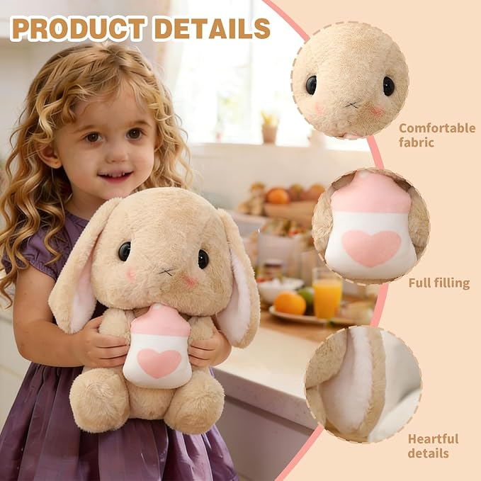 HOUPU Soft Toy - Sitting Lop Eared Rabbit, Easter White Rabbit Stuffed Bunny Animal with Carrot Soft Lovely Realistic Long-Eared Standing Pink Plush Toys (Brown-Milk Bottle,16.9in/43cm)